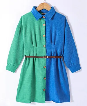 Vitamins Cotton Woven Full Sleeves Solid Color Frock - Blue & Green