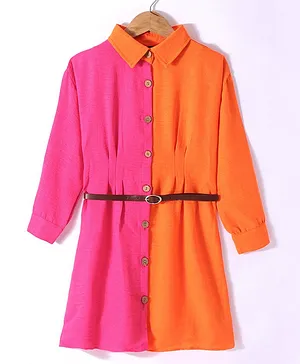 Vitamins Cotton Woven Full Sleeves Solid Color Frock - Orange & Pink