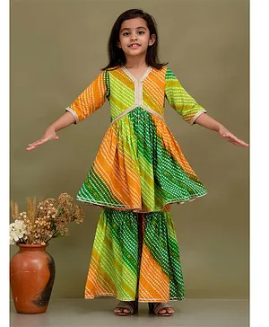 FlyFinns Three Fourth Sleeves Bhandhej Printed & Lace Embellished  Kurta Sharara Set -  Multi Colour