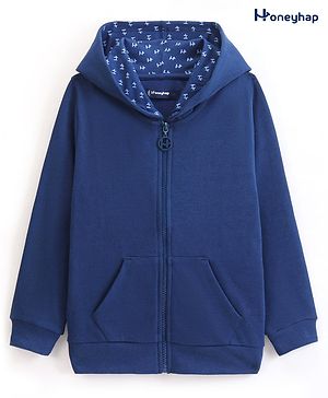 Honeyhap Premium 100% Cotton Looper Bio Finish Solid Oversize Lightwieght Full Sleeves Hooded Sweat Jacket with Bio Finish- Navy Blue