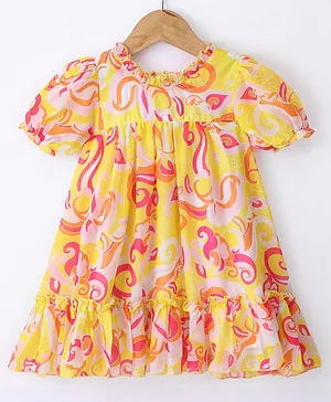 Rassha Cap Sleeves Abstract Printed Pleated Dress - Yellow