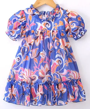 Rassha Cap Sleeves Abstract Floral Printed Pleated Dress - Royal Blue