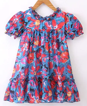 Rassha Half Puffed Sleeves Abstract Floral Printed Tiered Dress - Blue