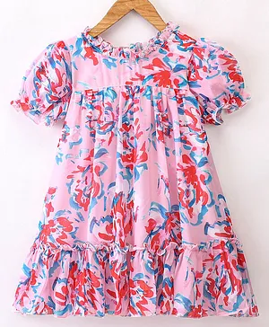 Rassha Cap Sleeve Floral Printed Dress  -  Light Pink