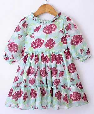 Rassha Cap Sleeve Floral Printed Dress  -  Pista Green
