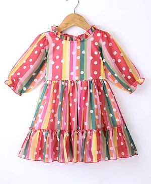 Rassha Full Sleeves Striped & Polka Dots Printed Fit & Flare Dress - Multi Colour
