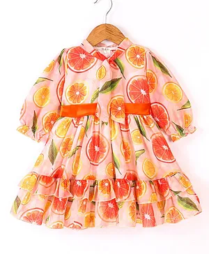 Rassha Full Sleeves Fruits Printed Dress - Peach
