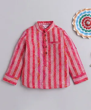 Taffykids  Full Sleeves Striped Pattern & Bandhani Design Short Ethnic Kurta -Red & Multi Colour
