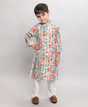Taffy Full Sleeves Floral Printed  Kurta With Soild Pyjama Set - Multi Colour & White