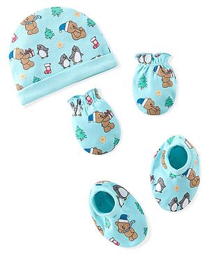 Babyhug 100% Cotton Knit Cap Mittens & Booties Set Teddy Print - Blue