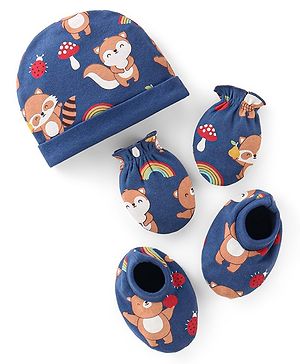 Babyhug 100% Cotton Cap Mittens & Booties Set Animal Print Blue - Diameter 16 cm