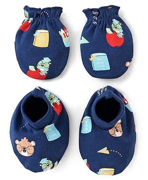 Babyhug 100% Cotton Mittens & Booties Teddy Print - Navy Blue