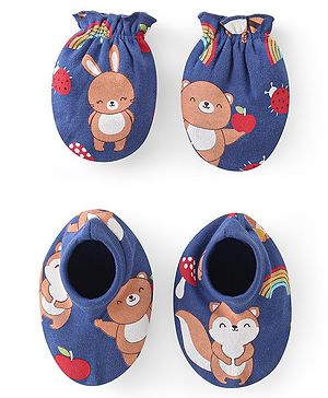 Babyhug 100% Cotton Mittens & Booties Set Animal Print - Blue