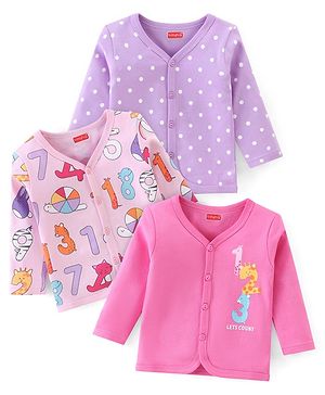Babyhug 100% Cotton Full Sleeves Front Open Vest Numbers Printed Pack of 3 - Pink & Purple