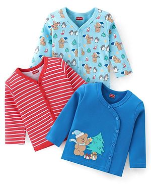Babyhug 100% Cotton Knit  Full Sleeves Front Open Vests  with Stripe & Teddy Bear Print Pack of 3  - Multicolour