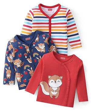 Babyhug 100% Cotton Knit Full Sleeves Front Open Vests Stripes & Fox Print Pack of 3 - Multicolour