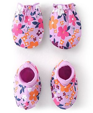 Babyhug 100% Cotton Mittens & Booties With Floral Print - Purple