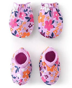 Babyhug 100% Cotton Mittens & Booties With Floral Print - Purple