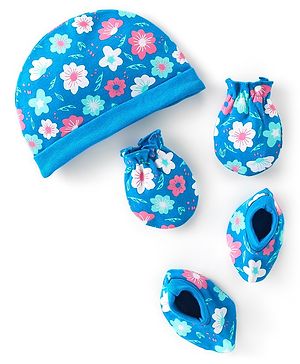 Babyhug 100% Cotton Knit Cap Mittens & Booties With Floral Print Blue - Diameter 17 cm