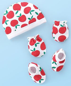Babyhug 100% Cotton Cap Mittens & Booties With Apple Print - White