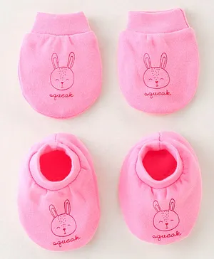 Simply Cotton Knit Interlock Mittens and Booties Set Bunny Print - Pink