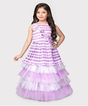 Betty By Tiny Sleeveless Flower Applique Embellished & Rugby Striped Mesh Layered Gown - Lilac