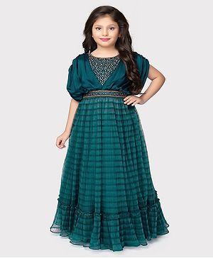 Betty By Tiny Kingdom Half Batwing Sleeves Stone Embellished & Striped Designed Flared Gown - Blue