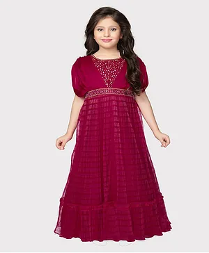 Betty By Tiny Kingdom Half Batwing Sleeves Stone Embellished & Striped Designed Flared Gown - Rani Pink