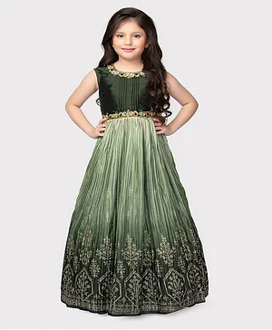 Betty By Tiny Kingdom Sleeveless Sequin Detailed & Floral Embroidered Accordion Pleated  Ethnic Gown - Mehendi Green