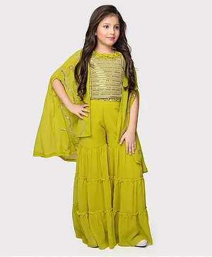 Betty By Tiny Kingdom Georgette   Cape Sleeves Sequin  Embellished & Embroidered Choli & Sharara With Shrug Set - Lemon Green