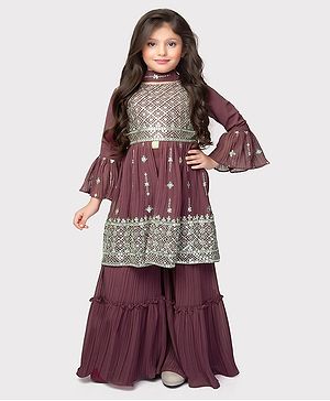 Betty By Tiny Kingdom Georgette Three Fourth Bell Sleeves Floral Block Motif Embroidered & Mirror Work Embellished  Sharara Set With  Dupatta - Dull Magenta