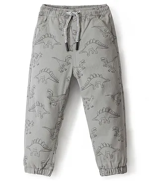 Babyhug Cotton Spandex Full Length Trouser With Dino Print - Grey