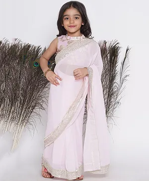 Little Bansi Sleeveless Golden Floral Work Blouse & Lace Embellished  Ready To Wear Saree - Baby Pink