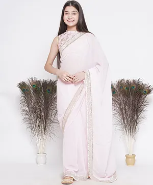 Little Bansi Sleeveless Golden Floral Work Blouse & Lace Embellished  Ready To Wear Saree - Baby Pink