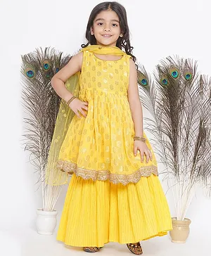 Little Bansi Sleeveless Banarasi Floral Motif Detailed Kurta With     Lurxe Striped Sharara & Duppatta - Haldi Yellow