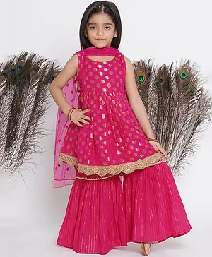 Little Bansi Sleeveless Paisley Motif Designed And Lace Embellished  With Lurex Striped Sharara Set - Hot Pink