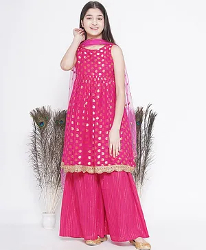 Little Bansi Sleeveless Paisley Motif Designed And Lace Embellished  With Lurex Striped Sharara Set - Hot Pink