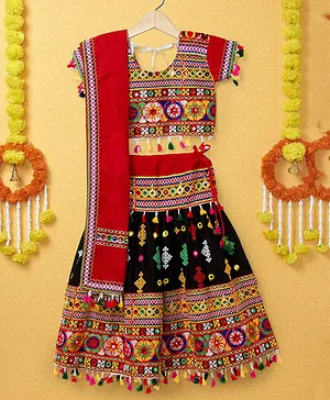 Banjara India Half Sleeves Kutchi Embroidered With Mirror Work & Tassel Hem Detailed Coordinating Lehenga & Choli Set - Black  & Red