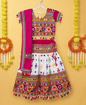 Banjara India Half Sleeves Kutchi Embroidered With Mirror Work & Tassel Hem Detailed Coordinating Lehenga & Choli Set - White &  Pink