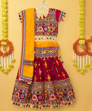 Banjara India Half Sleeves Kutchi Embroidered With Mirror Work & Tassel Hem Detailed Coordinating Lehenga & Choli Set - Red & Yellow
