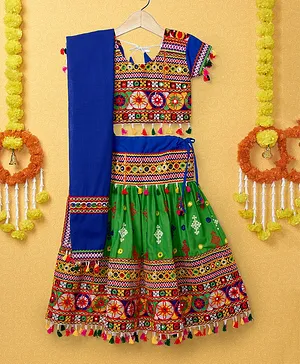 Banjara India Half Sleeves Kutchi Embroidered With Mirror Work & Tassel Hem Detailed Coordinating Lehenga & Choli Set  - Green & Blue