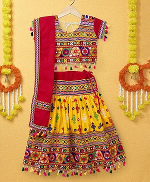 Banjara India Half Sleeves Kutchi Embroidered With Mirror Work & Tassel Hem Detailed Coordinating Lehenga & Choli Set - Yellow & Pink
