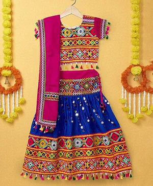 Banjara India Half Sleeves Kutchi Embroidered With Mirror Work & Tassel Hem Detailed Coordinating Lehenga & Choli Set - Blue & Pink