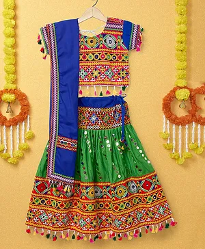 Banjara India Half Sleeves Kutchi Embroidered With Mirror Work & Tassel Hem Detailed Coordinating Lehenga & Choli Set - Green & Blue