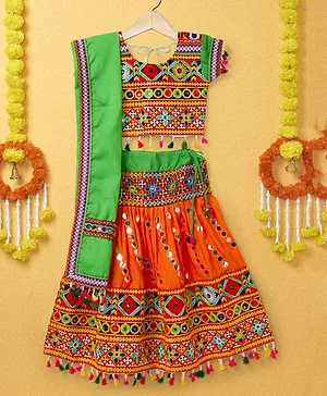 Banjara India Half Sleeves Kutchi Embroidered With Mirror Work & Tassel Hem Detailed Coordinating Lehenga & Choli Set - Orange & Green