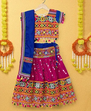 Banjara India Half Sleeves Kutchi Embroidered With Mirror Work & Tassel Hem Detailed Coordinating Lehenga & Choli Set - Pink & Blue