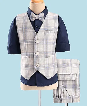 Mark & Mia Full Sleeves Party Suits With Yarn Dyed Checks Waist Coat & Bow Detailing - Navy Blue & Grey