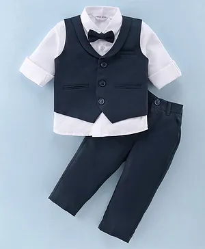 Mark & Mia Full Sleeves Party Suits with Waist Coat & Bow Detailing -White & Navy Blue