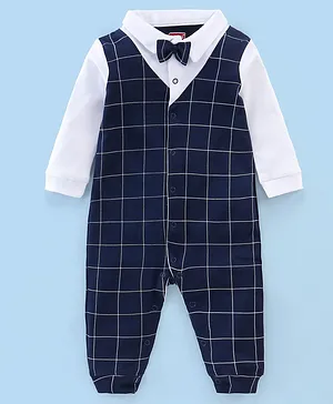 Babyhug Cotton Knit Full Sleeves Party Wear Romper Checkered with Bow Applique - Navy Blue
