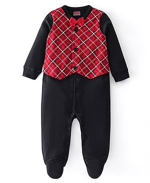 Babyhug Cotton Knit Full Sleeves Party Wear Romper Checkered - Red
